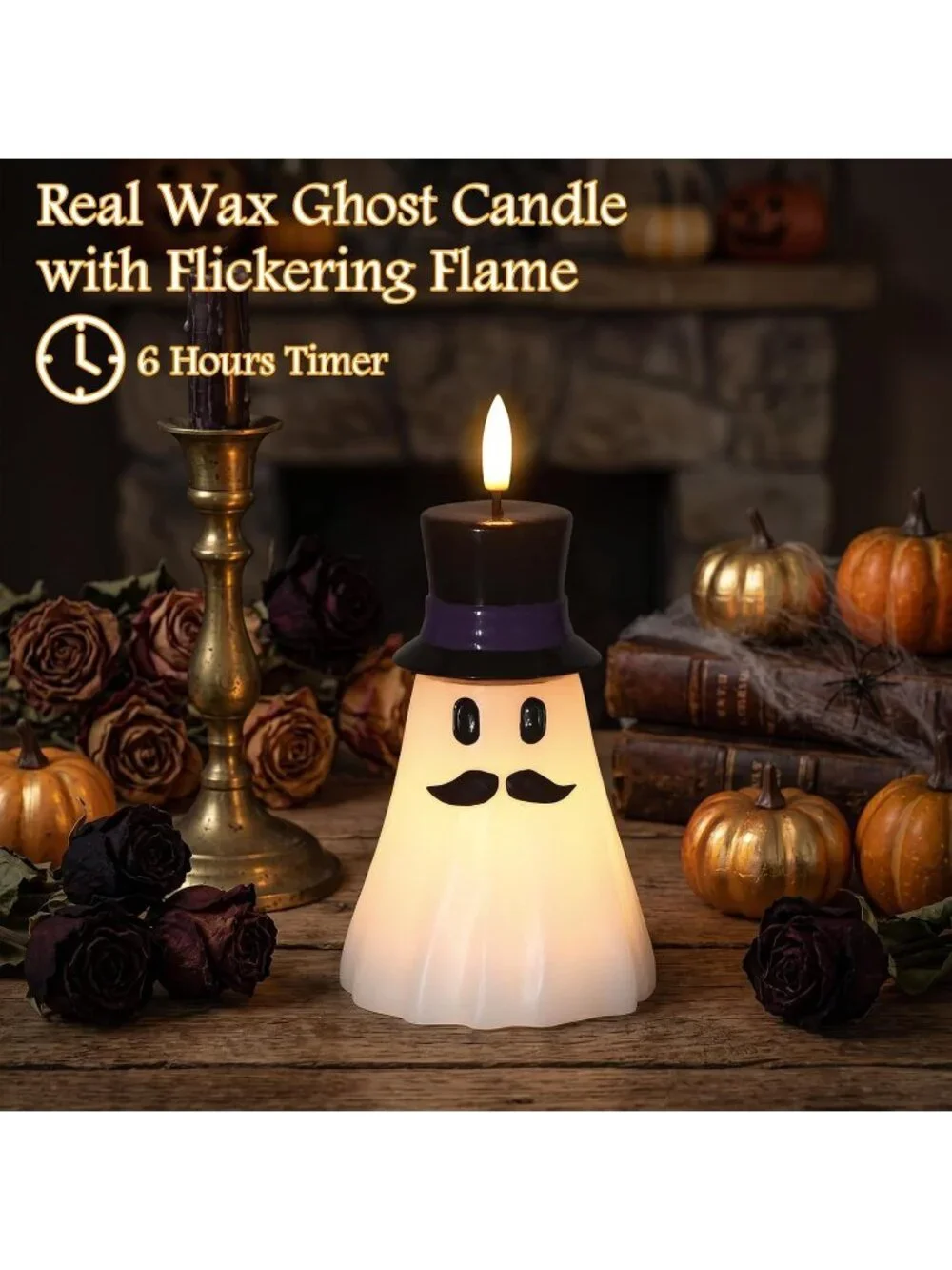 2PCS Halloween Hand Painted Ghost Flameless Candles 6H Timer Real Wax Indoor